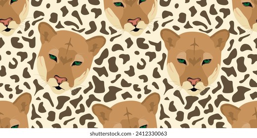 Puma concolor seamless pattern. Muzzle of cougar with spots repeat texture. Wildlife concept. Beautiful animal background for fabric, textile, print, wallpaper. Flat colored vector illustration