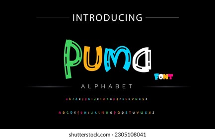 Puma Funky colorful cartoon font type. Vector alphabet