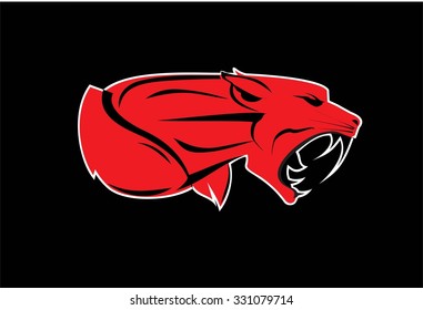 puma, puma head,  panther head, roaring fang face in the dark. muscular fang face. red beast on the black background.