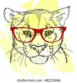 puma head with red glasses vector sketch