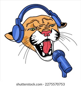 Puma in headphones and with a microwave. Lettering Roar. Drawing Of Leo. Illustration for t-shirt,  print. 