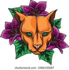 Puma heads in lily flowers. Pencil drawing in a minimalist style, suitable for tattoos, interior decoration, paintings, logo, printing on textiles and t-shirts. Predator.