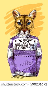 Puma in knitted sweater. Vector illustration for greeting card, poster, or print on clothes. Fashion Style drawing. Hipster.