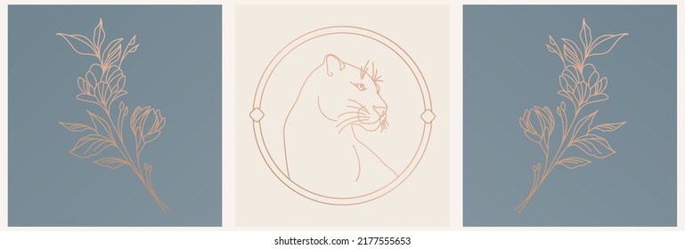 Puma in linear style with flowers, logo template, icon. Esoteric illustration for astrologer, shop, beauty salon