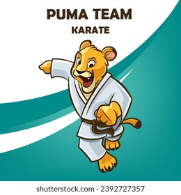 mascota puma con el logo de la caricatura de karate kimono