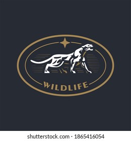 A puma or panther walks and growls. Stylized vector illustration.