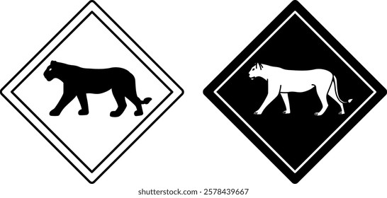 Puma Road Signs. Black and White Vector Icons. Wild Cat. Road Sign Warning Animals Crossing Road. Zoo Sticker