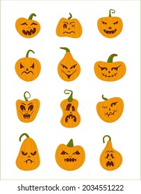 Pumkin scary Halloween face vector set. Halloween pumpkin or ghost grimace. Terrible eyes and mouth with a silhouette style. Emotion, icons of skeleton for makeup, a night party. 