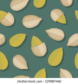 Pumkin seeds seamless pattern. Ripe pumkin seeds in flat. Pumkin seeds on a dark green background. Several pumkin seeds. Healthy vegetarian food. Vector illustration