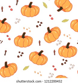 Pumkin and spices seamless pattern, hand drawn vector illustration, holiday card 
