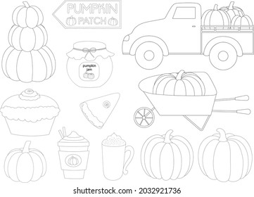 Pumnpkin patch coloring vector illustration. Harvesting pumpkins	