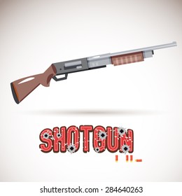 pump action shotgun with bullet typographic design - vector illustration