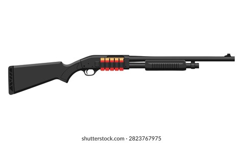 Pump action shotgun with shell holder on white background.