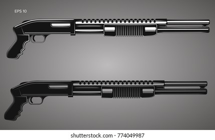 Pump action shotgun vector illustration. Powerfull firearm. Military and hunting handgun
