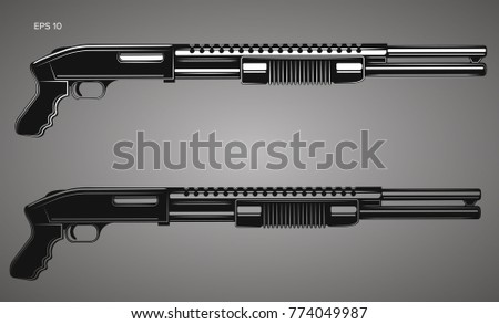 Pump action shotgun vector illustration. Powerfull firearm. Military and hunting handgun