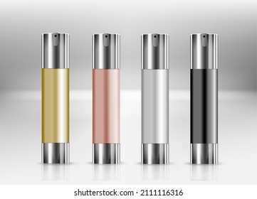 Pump bottle. Airless pump serum bottle design. 3d mockup of luxury beauty product. Foundation dispenser vial template. Clear silver flask for face treatment liquid. 