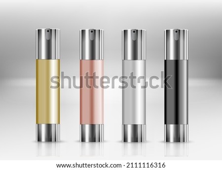 Pump bottle. Airless pump serum bottle design. 3d mockup of luxury beauty product. Foundation dispenser vial template. Clear silver flask for face treatment liquid. 