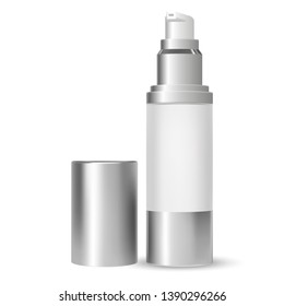 Pump Bottle. Beauty Cosmetic Container. 3d Vector illustration. White Glass Packaging with Dispenser Pump for Moisturizer or Serum Product. Hygiene Liquid Cosmetics Can Mockup.