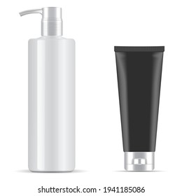 Flasche pumpen. Schwarze Röhre. Kosmetischer Verpackungsspender. Schwarze Kosmetiktücher, Blindfarben. Moisturizer Creme Pump Spender, Hand-oder Gesichtshaut-Vorlage Design. Realistisches Badpack einzeln auf Hintergrund