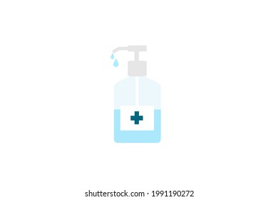 una botella de bombeo de líquido azul y gota de bombeo, con etiqueta cruzada, aislada en fondo blanco, vector. el concepto de atención médica y de salud, el alcohólico gel para prevenir la propagación de Covid-19