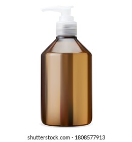 Pump bottle. Brown plastic cosmetic dispenser blank, realistic vector. Hand lotion package template. Liquid gel container mockup with white cap. Clear glass moisturizer with batcher