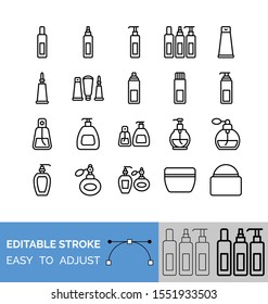 Pump bottle and container vector line icon set, editable stroke