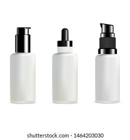 Pump Bottle. Cosmetic Dispenser Glass Package. Matt Glass Serum Jar. Empty White Container for Liquid, Cream. Beauty Essence Mockup Template. 3d Realistic Product Design