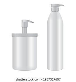 Pump bottle. Cosmetic dispenser packaging, soap, lotion, shampoo. Liquid moisturizer container. Medical treatment, detergent tube with pump cap, realistic 3d illustration