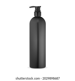 Pump bottle, cosmetic lotion mockup, black plastic package. Soap or body gel container with batcher valve. hand skin care cream product, medical treatment or moisturizer, cleanser