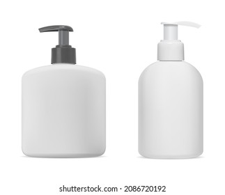 Pump bottle, cosmetic product dispenser, liquid soap bottle mockup blank. Realistic skin care lotion container with batcher isolated on white backgorund