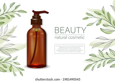 Pump bottle. Cosmetic serum pump dispenser, vector mockup, isolatedon white background. Face foundation glass packaging with plastic pump cap. Moisturizer product container blank. Essence tube