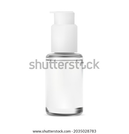 Pump bottle. Cosmetic serum packaging, glass jar. Isolated essence dispenser, small glitter template illustration, face moisturizer gel, clean essential foundation pack with pump dispenser cap