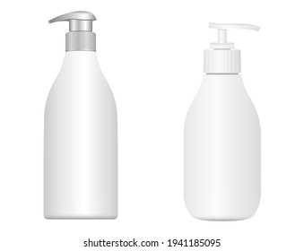 Pump bottle. Cosmetic shampoo dispenser. Moisturizer lotion 3d vector package. Pump dispenser bottle design, face skin treatment illustration. Batcher package sample. Medicine valve bottle