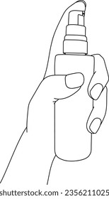 Pump bottle cream in hand line art vector illustration