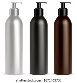 Pump bottle. Dispenser cosmetic shampoo mockup. Black, white and brown realistic pump dispenser container, vector pack. Antibacterial lotion or foam sanitizer packaging for ads isolated on white