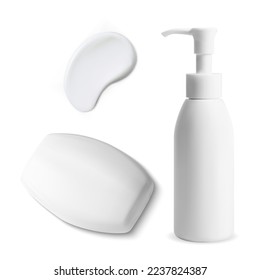 Pump bottle for face cream, serum or body gel with sample of liquid smear texture. Beauty product packaging, foundation creme moisture with stroke element. Plastic dispenser bottle mockup