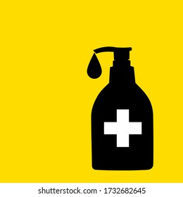  pump bottle icon with Drop and white cross on the yellow background. Packaging design. sanitizer or soap container. Hand disinfectant. Personal hygiene.