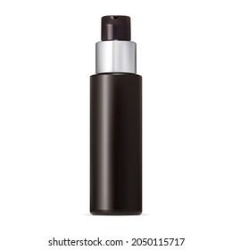 Pump bottle. Lotion or foam dispenser mockup. Round mousse tube with plastic press cap. Black glass flacon for serum spray blank, isolated package