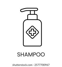 A pump bottle with a medical cross, symbolizing medicated shampoo or therapeutic hair care, in vector style, with an editable stroke.