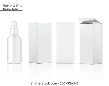 Botella de la bomba maqueta cosmética realista y caja para el producto Skincare en la ilustración de fondo blanco. Diseño de la atención médica y el concepto médico.