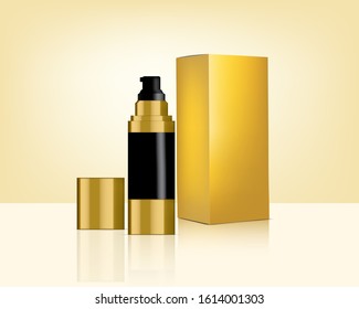 Pump Bottle Mock up Realistic Gold Cosmetic and Box for Skincare Product Background Illustration. Health Care and Medical Concept Design.