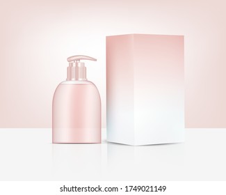 Botella de la bomba de la bomba maqueta realista Rose Gold Perfume Jabón Cosmética y Caja para Skincare Product Background Illustration. Atención de salud y diseño de conceptos médicos.