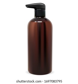 Pump bottle mockup. Brown dispenser package for shampoo or soap. Amber plastic tube realistic 3d template for skin or body gel or medical treatment. Sanitizer container