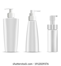 Pump bottle mockup. Cosmetic shampoo or soap plastic bottles. Body moisturizer cosmetic package with pump batcher. Liquid wash product container, face skin care. Hand cream dispenser, beauty cosmetics