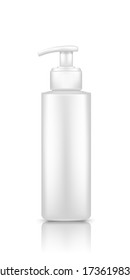 Mochila del frasco de la bomba aislada sobre fondo blanco: loción, desinfectante, crema, desinfectante. Diseño de paquetes de plástico. Cosmética en blanco, higiene, plantilla de cuidado de la piel. 3.ª ilustración vectorial realista