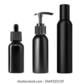 Pump bottle mockup, serum dispenser container. Dropper flacon for skin cosmetic product with mini eyedropper cap. Perfume mist spray bottle mock up