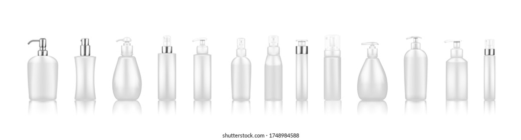 Pump bottle mockups: serum, moisturizer, soap, cream, sanitizer. Plastic package design with silver elements. Cosmetic, hygiene, skincare template. Set of isolated 3d realistic vector illustrations