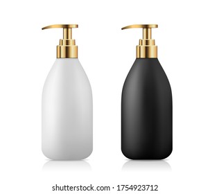 Producto de frasco de bombeo blanco y negro con diseño de colección de tapón dorado, ilustración vectorial