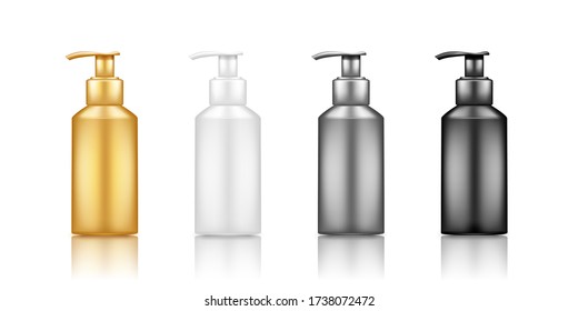 Pump bottle realistic mockup: lotion, disinfectant, sanitizer. Plastic package design. Blank gold, silver, black, white cosmetic, hygiene, skin care template. Set of isolated 3d vector illustrations