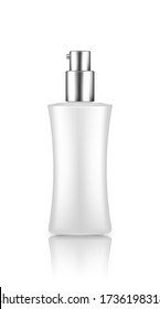 Pump bottle realistic mockup with silver cap isolated on white background: lotion, disinfectant, cream, sanitizer. Plastic package design. Cosmetic, hygiene, skin care template. 3d vector illustration